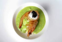 Jumbo Shrimp  With Spinach Sauce served at Sunset da Mona Lisa Italian Restaurant - Cabo San Lucas