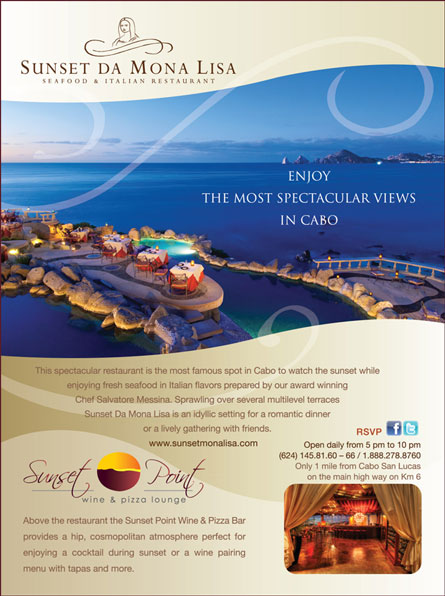 Sunset Da Mona Lisa Restaurant - Ad Proof - Los Cabos Magazine Issue 29 - Cabo San Lucas