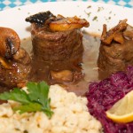 Beef Roulade, lean beef stuffed with bacon, pickles and onions with a rich gravy served with house made red cabbage and spätzle (German pasta).  