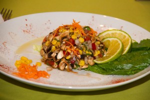 vegetarian ceviche, with mexican sauce mushrooms, kernels corn