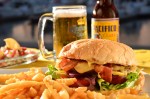 Chicken or beef burger with fries french.