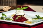 Spaghetti di Barbabietola SML – Homemade red beetroot spaguetti Served with green beans pesto And confit pacific cod.