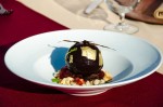 Sfera di Cioccolato Guanaja – Chocolate sphere with peanut butter on a Porto wine granita. Esfera de chocolate con crema de cacahuate sobre un granizado de vino Oporto.