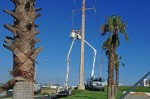 Two CFE teams work on repairing lines on Highway 1 near Soriana Plaza, Cabo San Lucas
