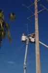 Two CFE teams work on repairing lines on Highway 1 near Soriana Plaza, Cabo San Lucas