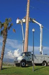 Two CFE teams work on repairing lines on Highway 1 near Soriana Plaza, Cabo San Lucas