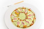 Cilantro Sashimi – With your choice of fish, seared with olive oil and green tea salts. It’s served with a special cilantro sauce and a ribbon of spicy chile oil and sliced avocado.