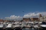 Policia Federal helicopter flying over the Cabo San Lucas marina.